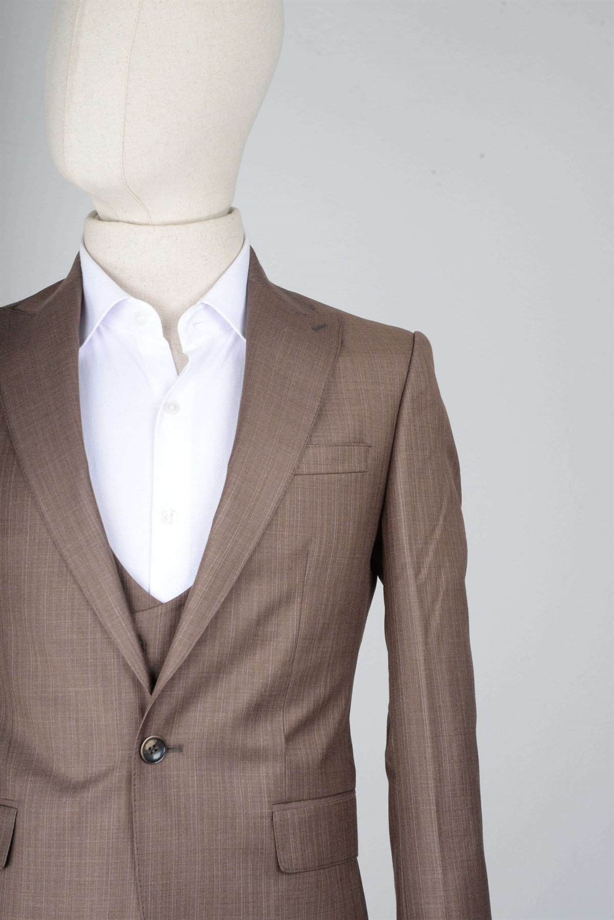 Maserto Slim Fit Kahverengi Yelekli Takım Elbise Çizgi Desenli