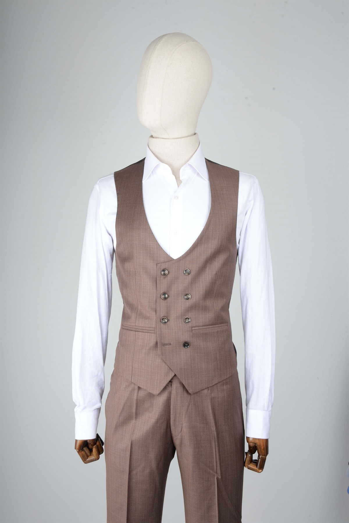 Maserto Slim Fit Kahverengi Yelekli Takım Elbise Çizgi Desenli