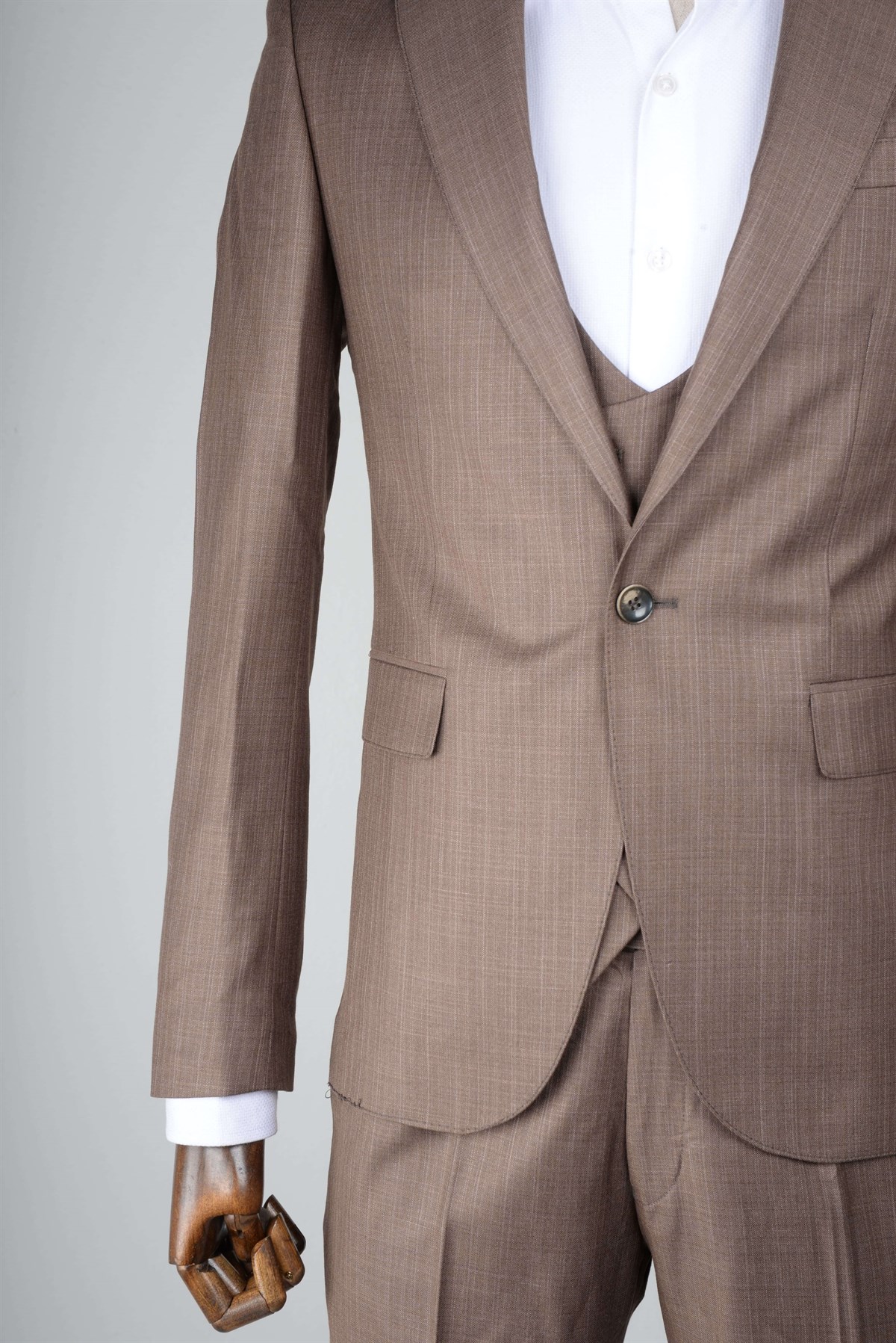 Maserto Slim Fit Kahverengi Yelekli Takım Elbise Çizgi Desenli