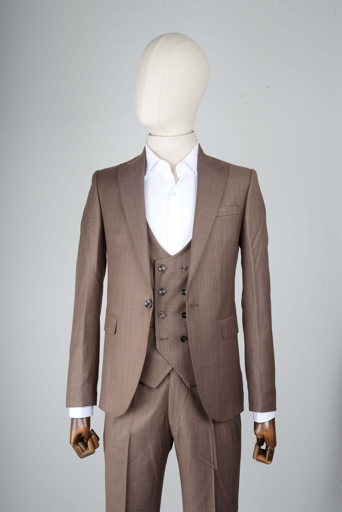 Maserto Slim Fit Kahverengi Yelekli Takım Elbise Çizgi Desenli