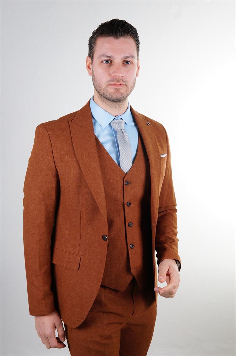 Maserto Slim Fit Kiremit Takım Elbise Kendinden Desenli