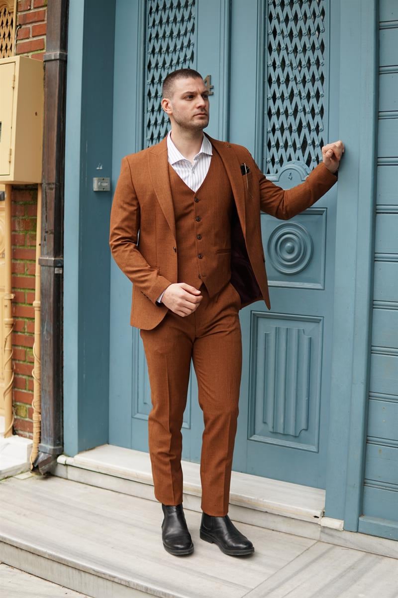 Maserto Slim Fit Kiremit Takım Elbise Kendinden Desenli