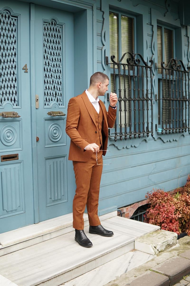 Maserto Slim Fit Kiremit Takım Elbise Kendinden Desenli