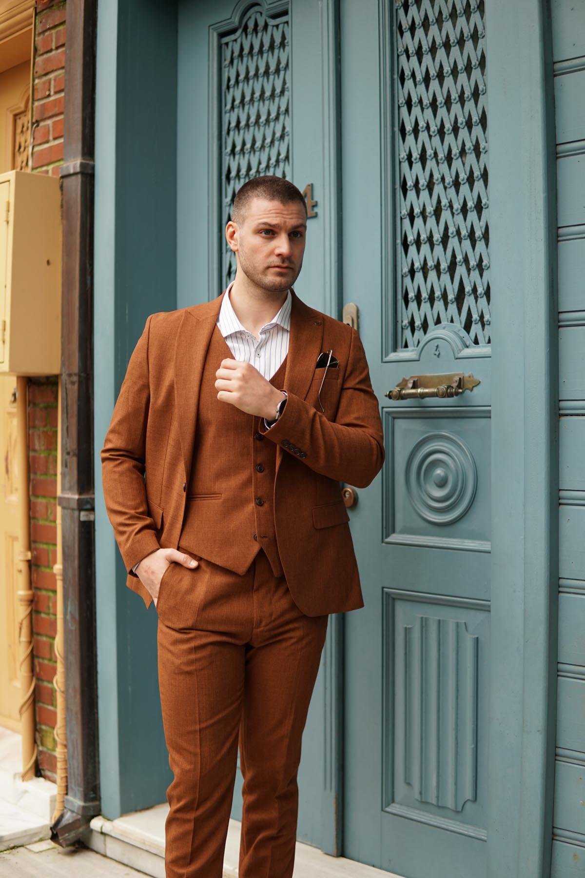 Maserto Slim Fit Kiremit Takım Elbise Kendinden Desenli