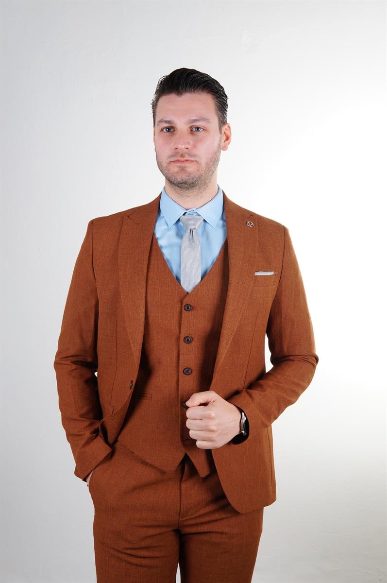 Maserto Slim Fit Kiremit Takım Elbise Kendinden Desenli