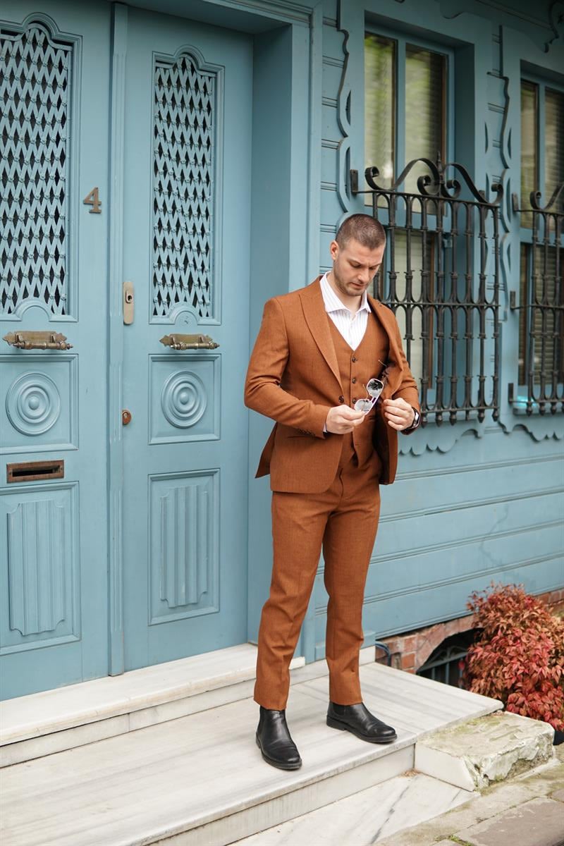 Maserto Slim Fit Kiremit Takım Elbise Kendinden Desenli