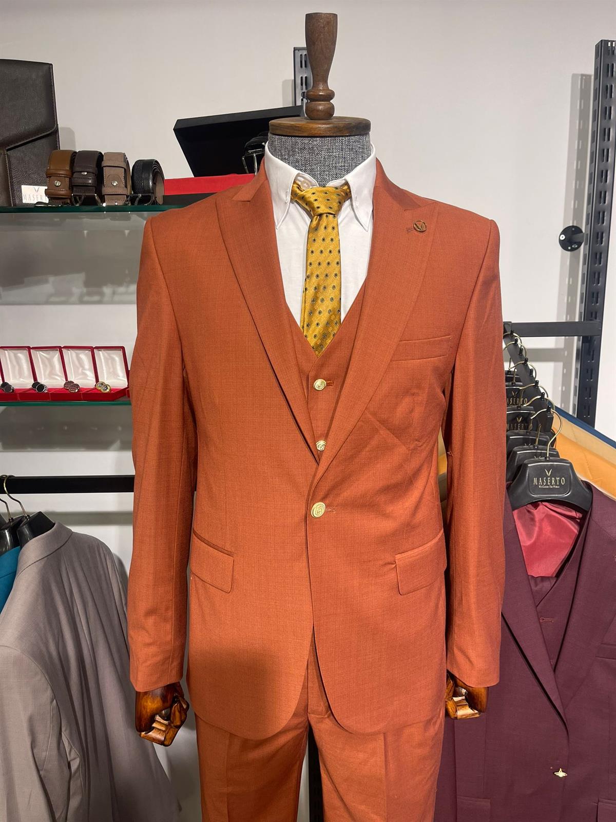 Maserto Slim Fit Kiremit Takım Elbise Düz Desenli