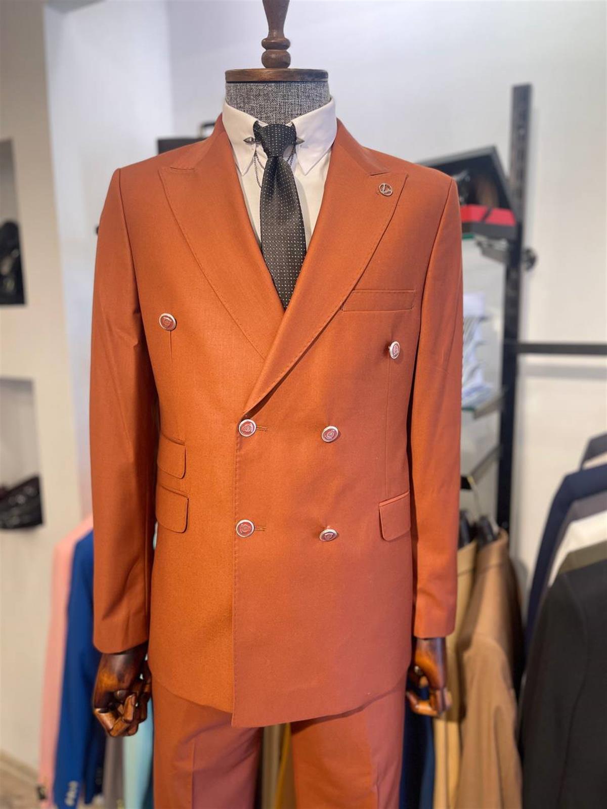 Maserto Slim Fit Kiremit Takım Elbise Düz Desenli