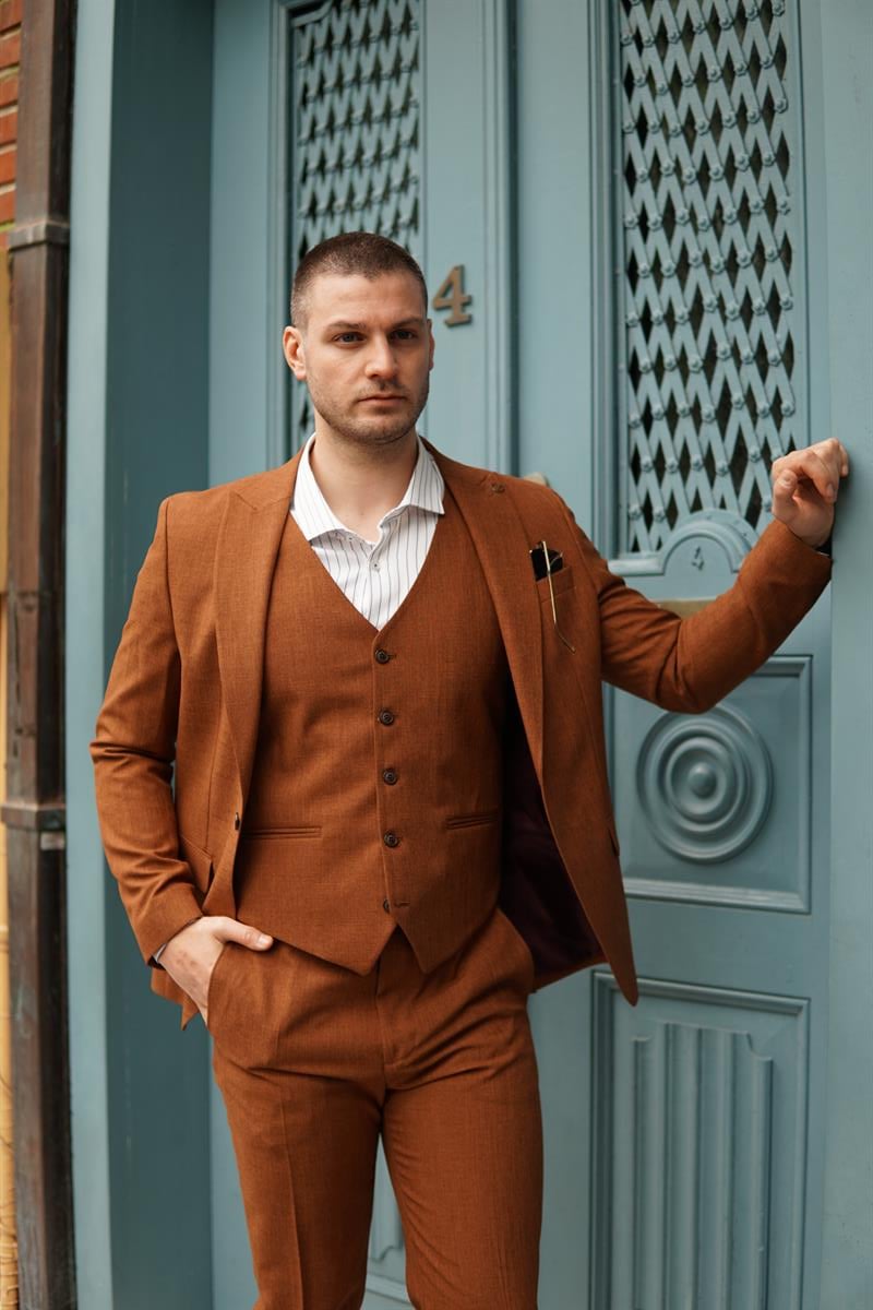 Maserto Slim Fit Kiremit Takım Elbise Kendinden Desenli