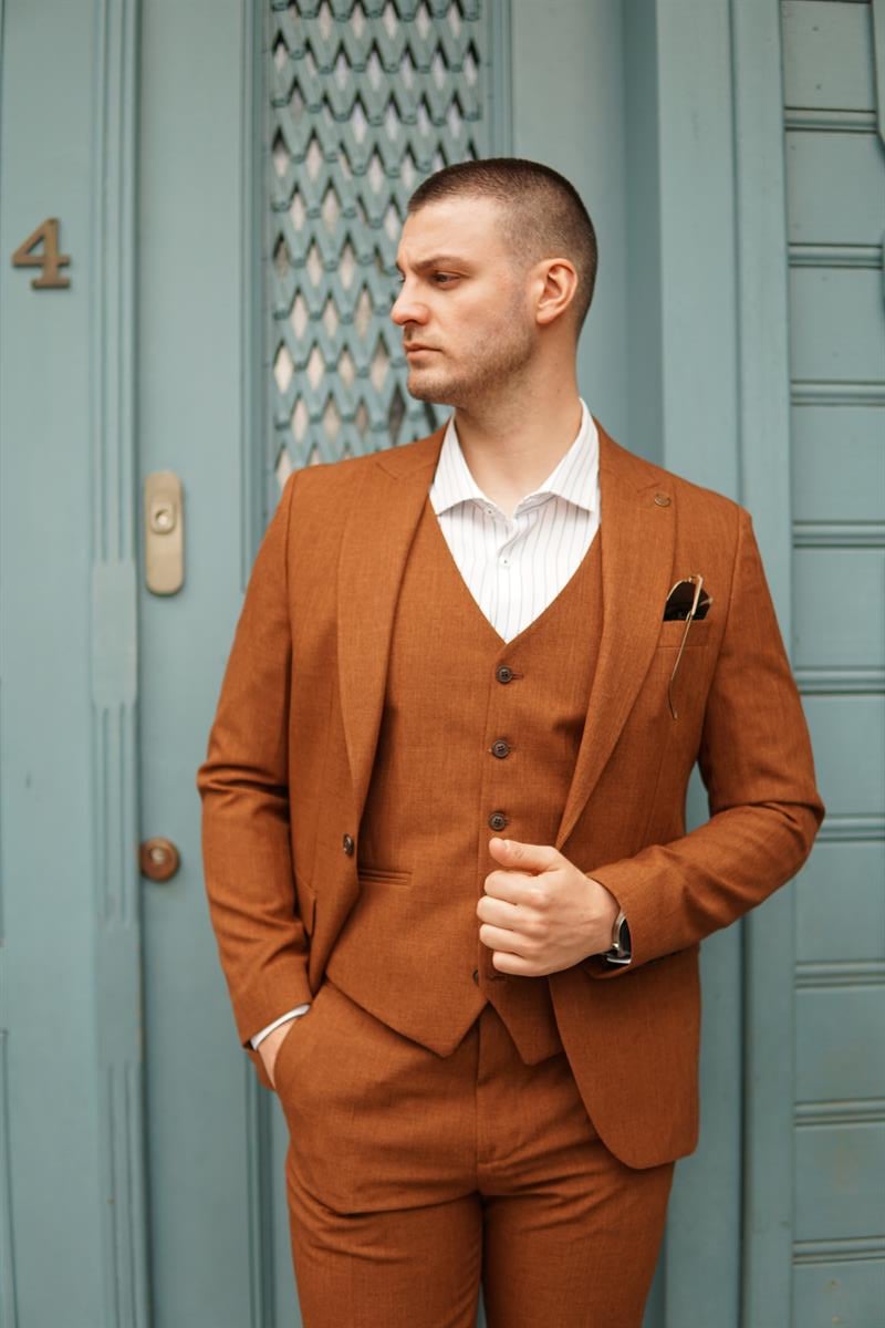 Maserto Slim Fit Kiremit Takım Elbise Kendinden Desenli