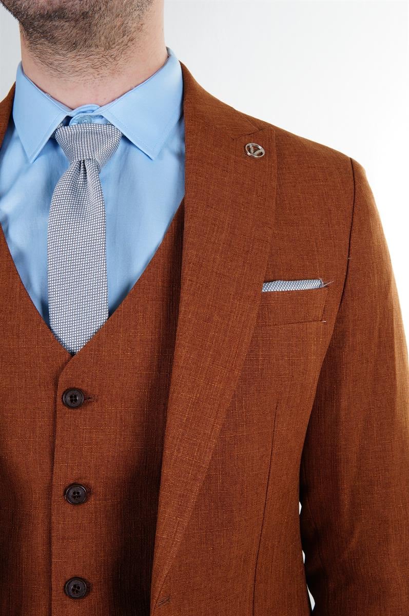 Maserto Slim Fit Kiremit Takım Elbise Kendinden Desenli