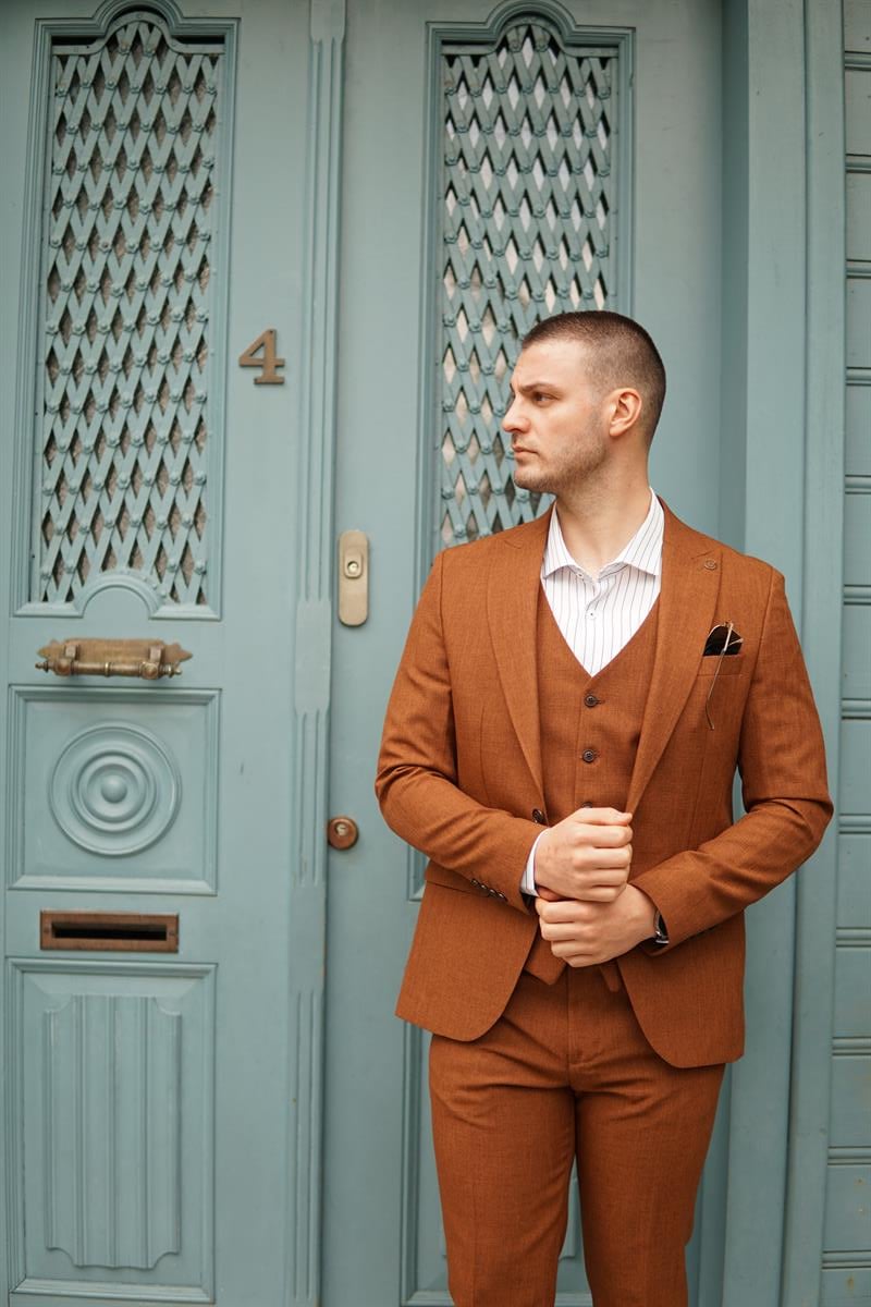 Maserto Slim Fit Kiremit Takım Elbise Kendinden Desenli