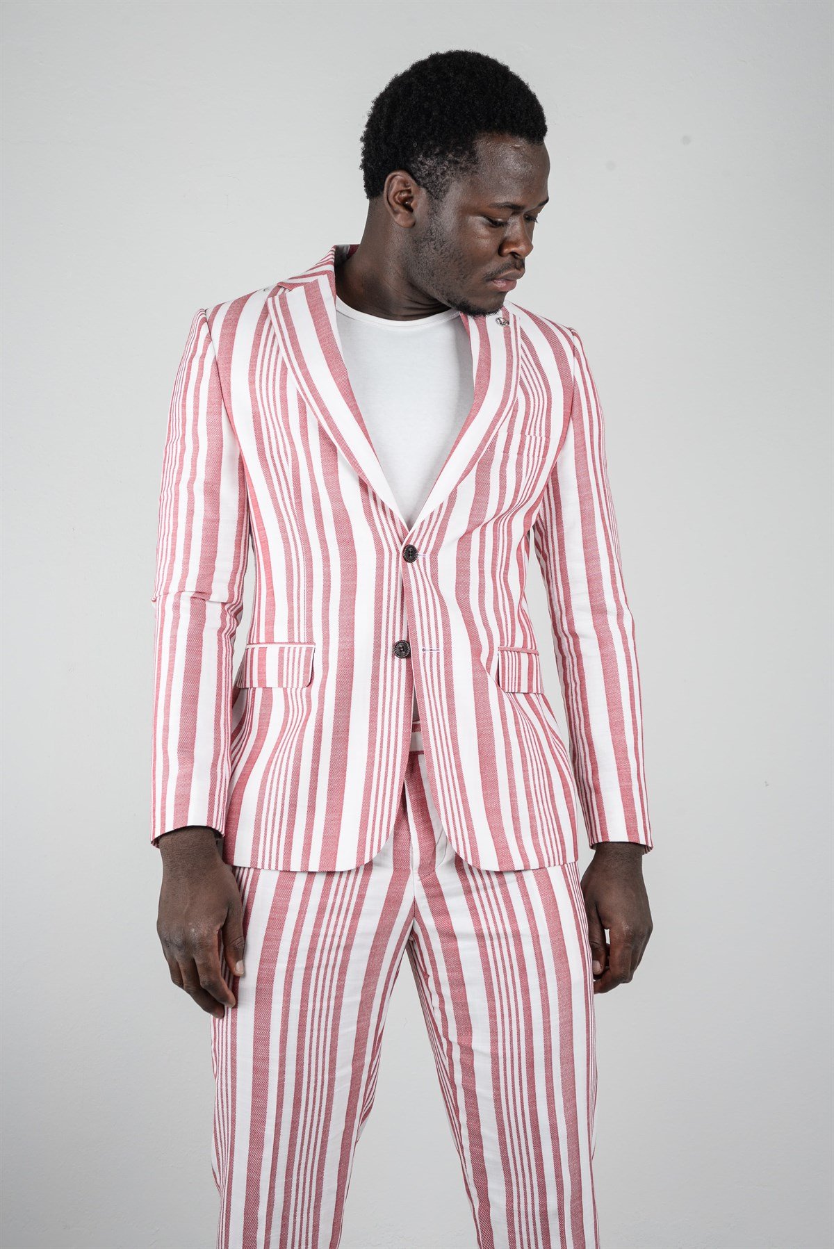 Maserto Slim Fit Kırmızı Ceket Çizgi Desenli