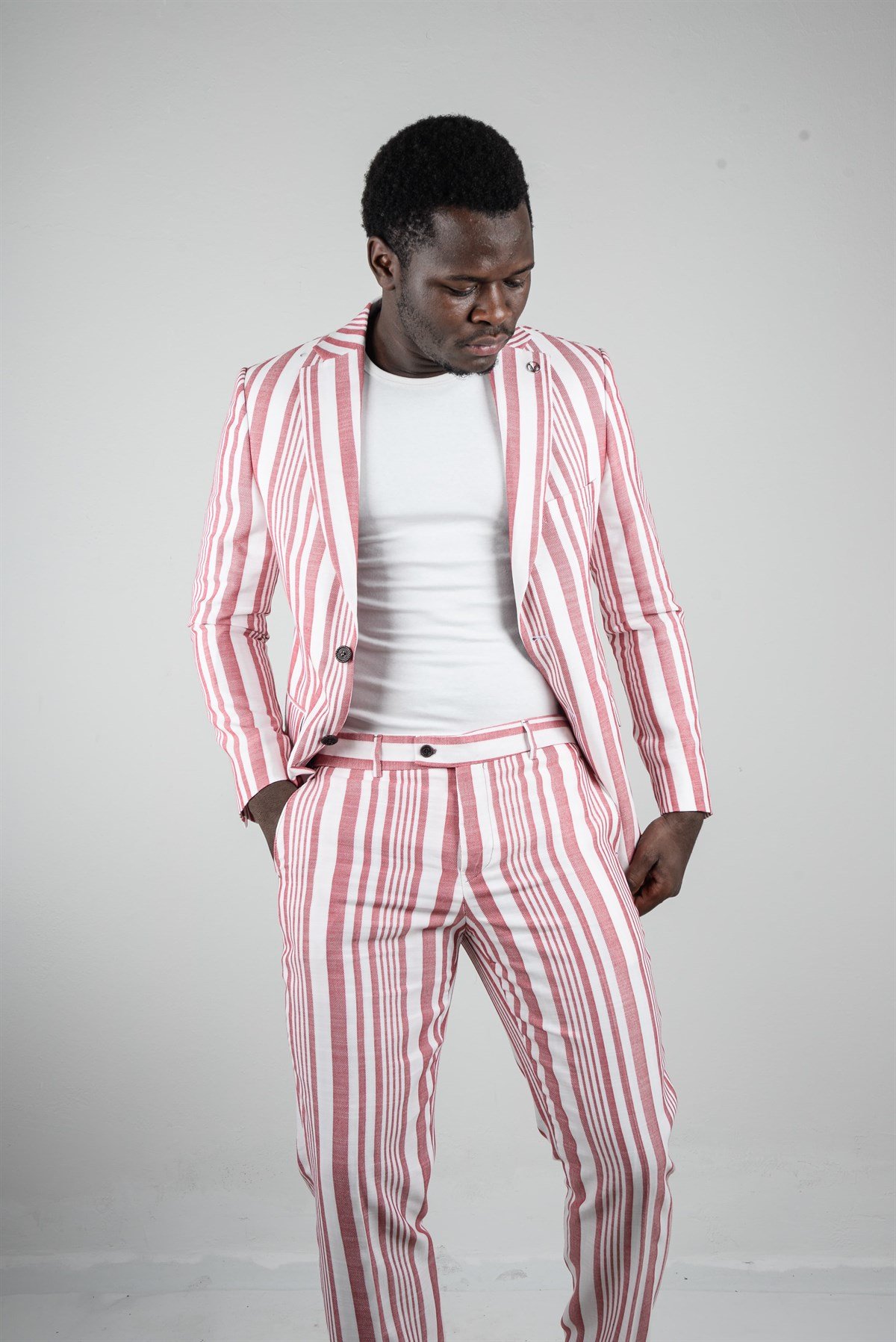 Maserto Slim Fit Kırmızı Ceket Çizgi Desenli