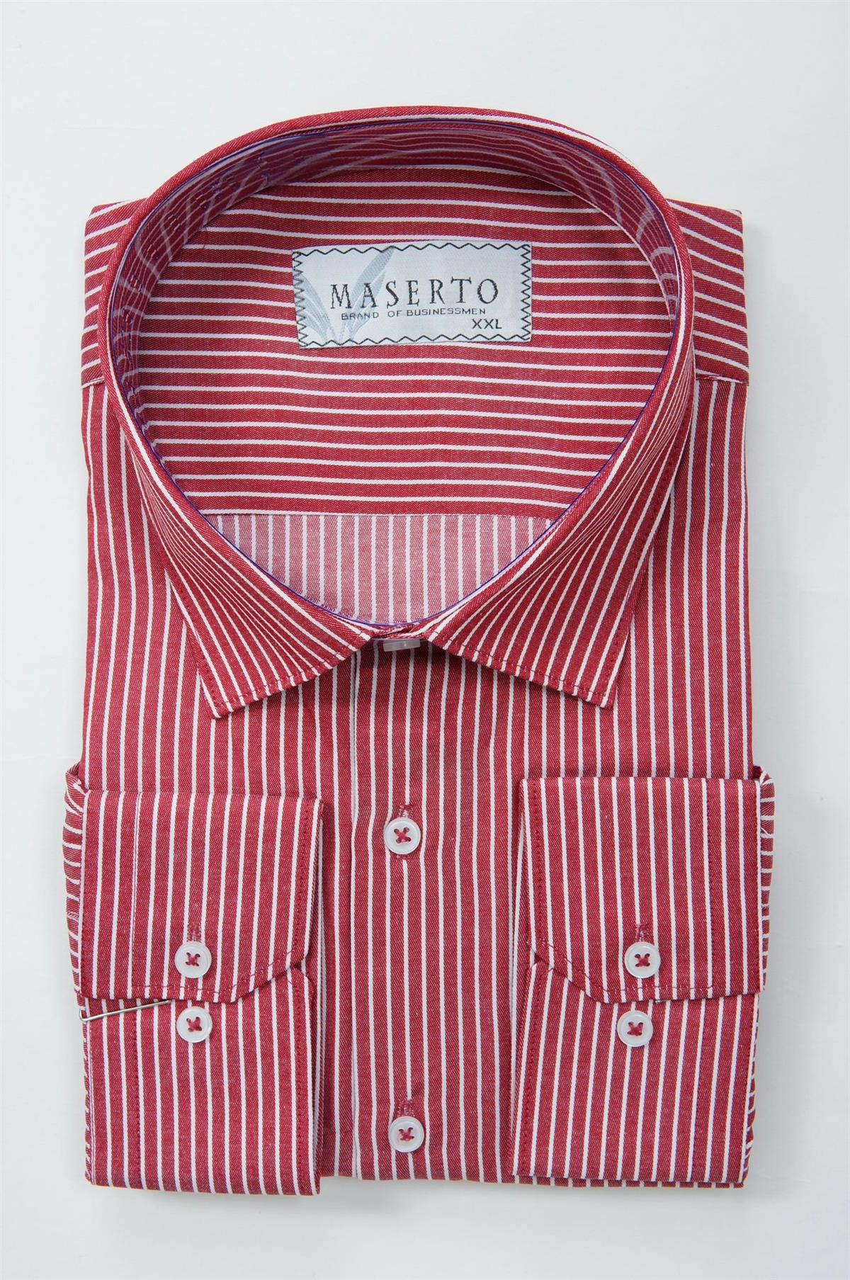 Maserto Slim Fit Kırmızı Gömlek Çizgili Desenli