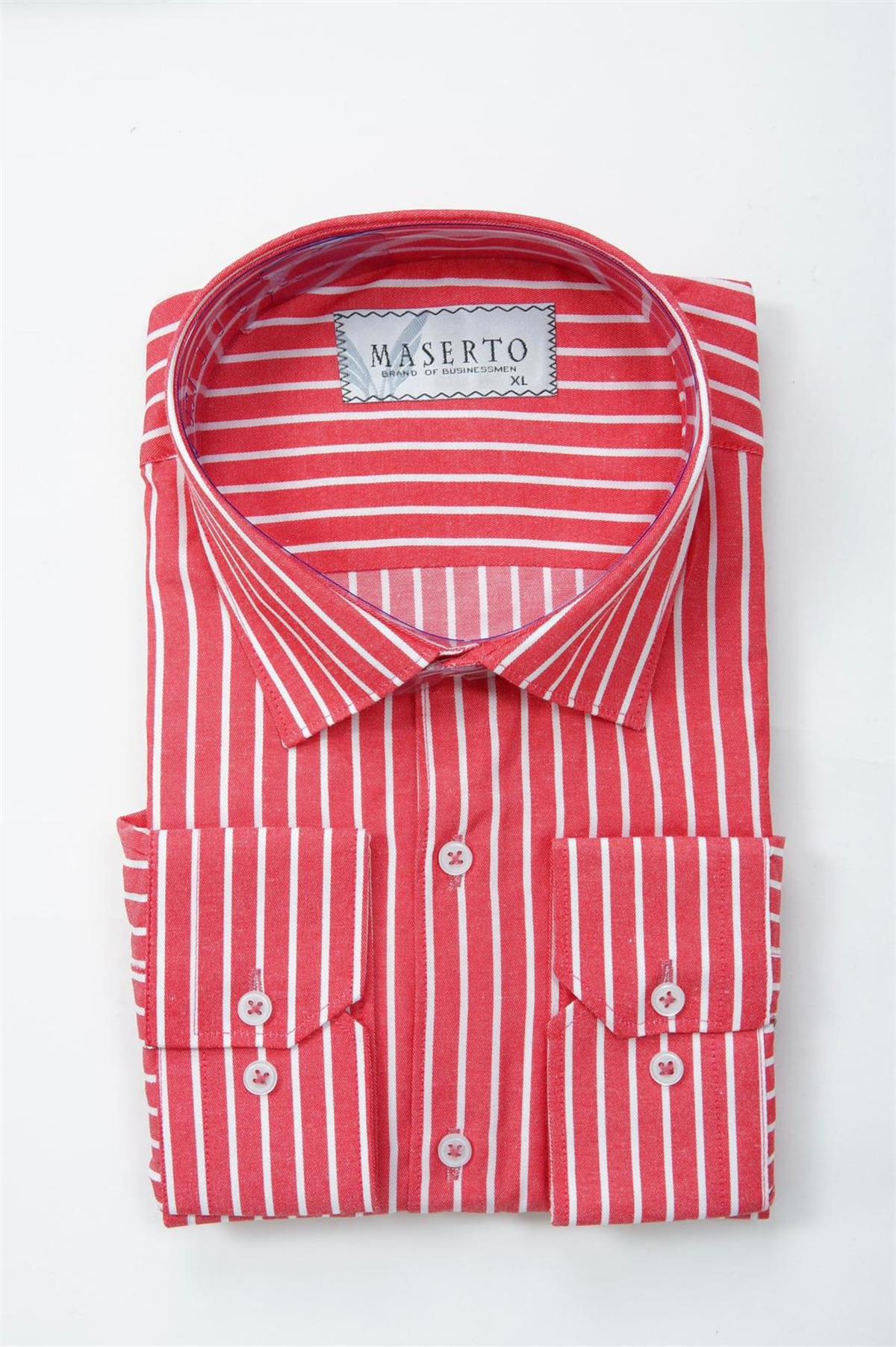Maserto Slim Fit Kırmızı Gömlek Çizgili Desenli