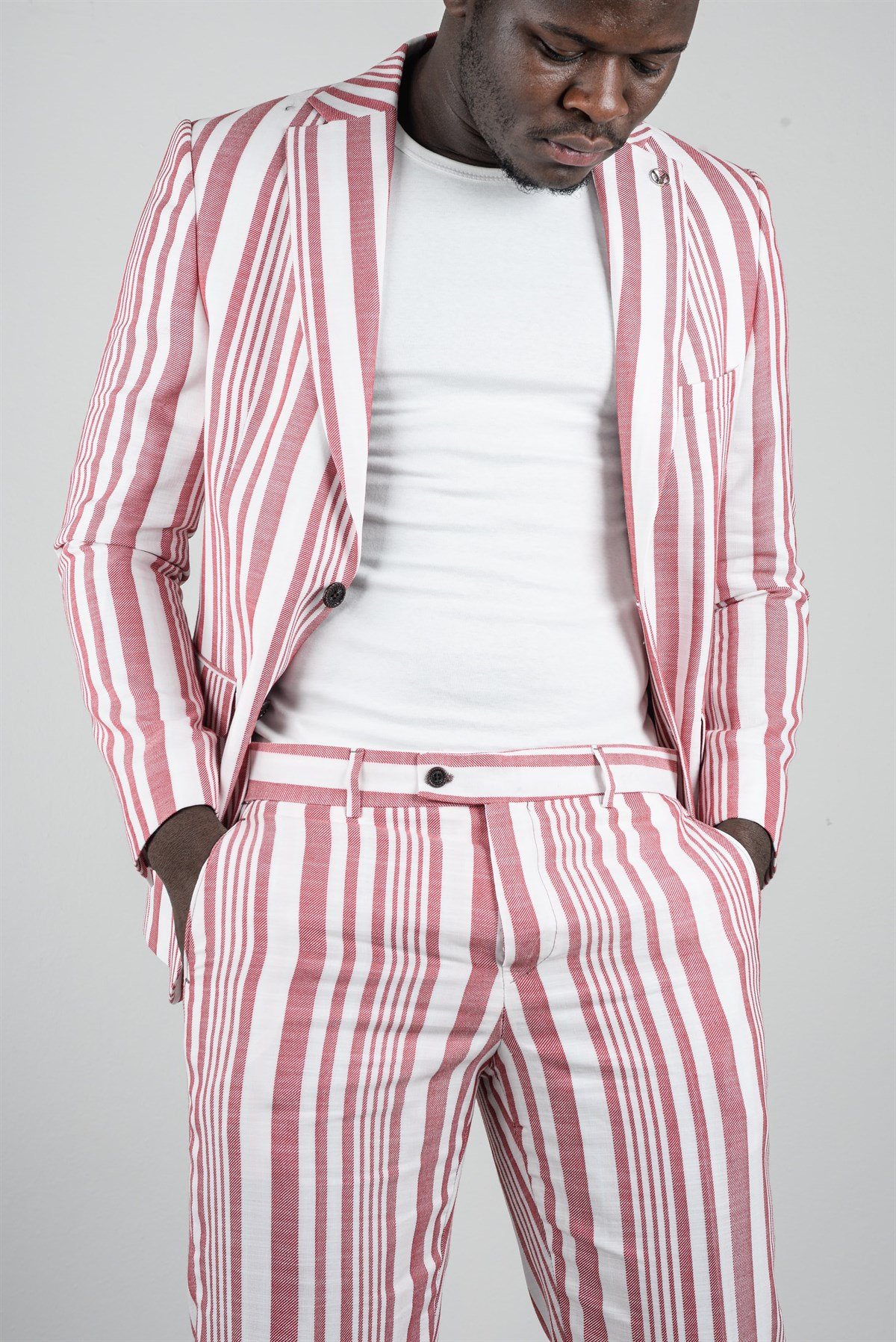 Maserto Slim Fit Kırmızı Pantolon Çizgi Desenli