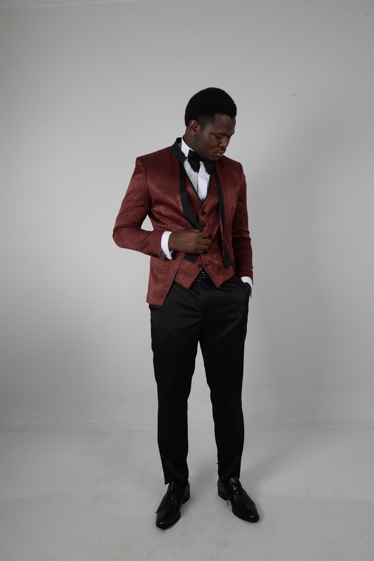 Maserto Slim Fit Kırmızı Smokin Deri Desenli