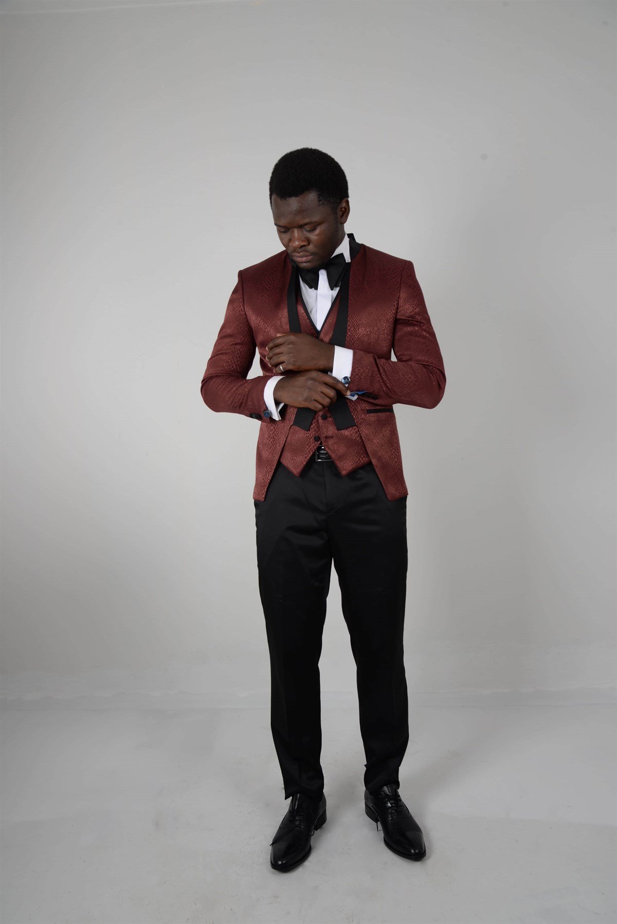 Maserto Slim Fit Kırmızı Smokin Deri Desenli