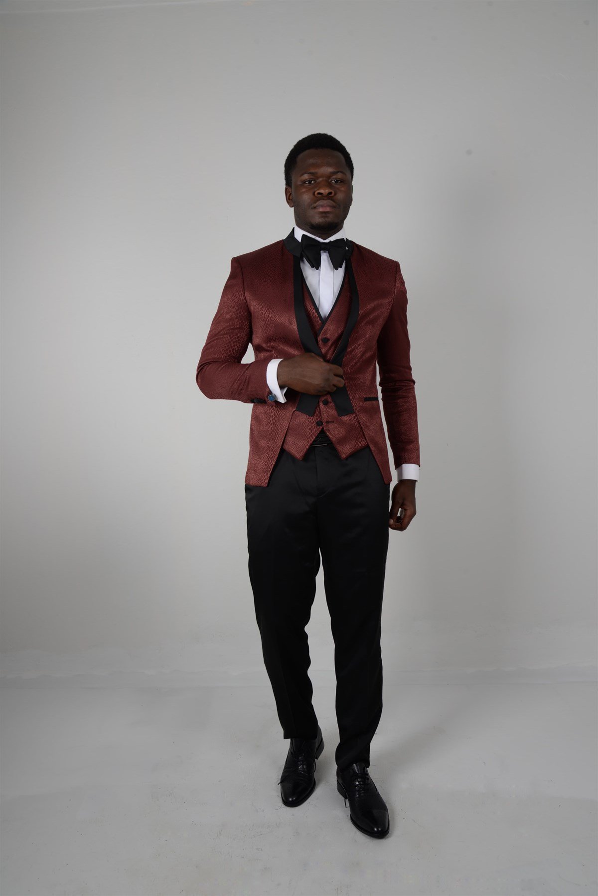 Maserto Slim Fit Kırmızı Smokin Deri Desenli