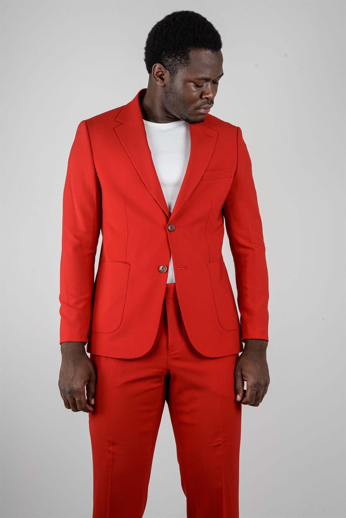 Maserto Slim Fit Kırmızı Takım Elbise Düz Desenli