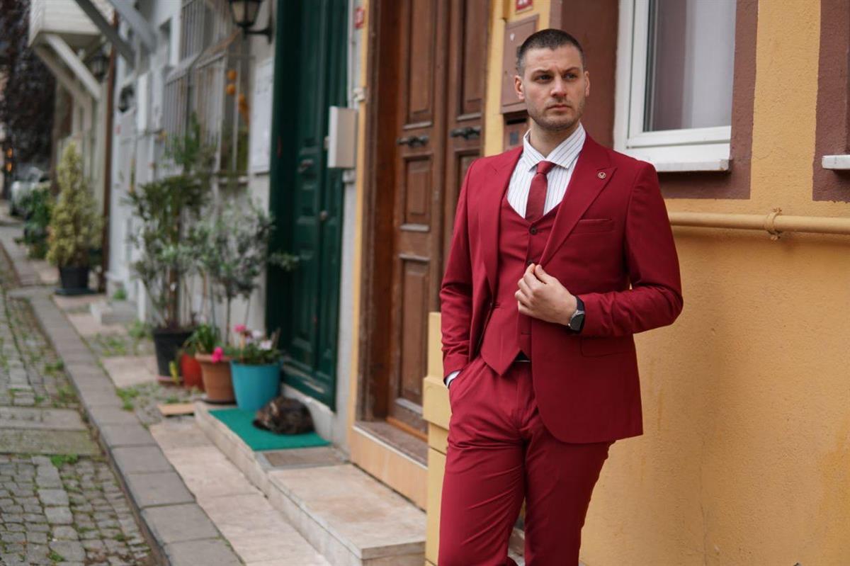 Maserto Slim Fit Kırmızı Takım Elbise Düz Desenli