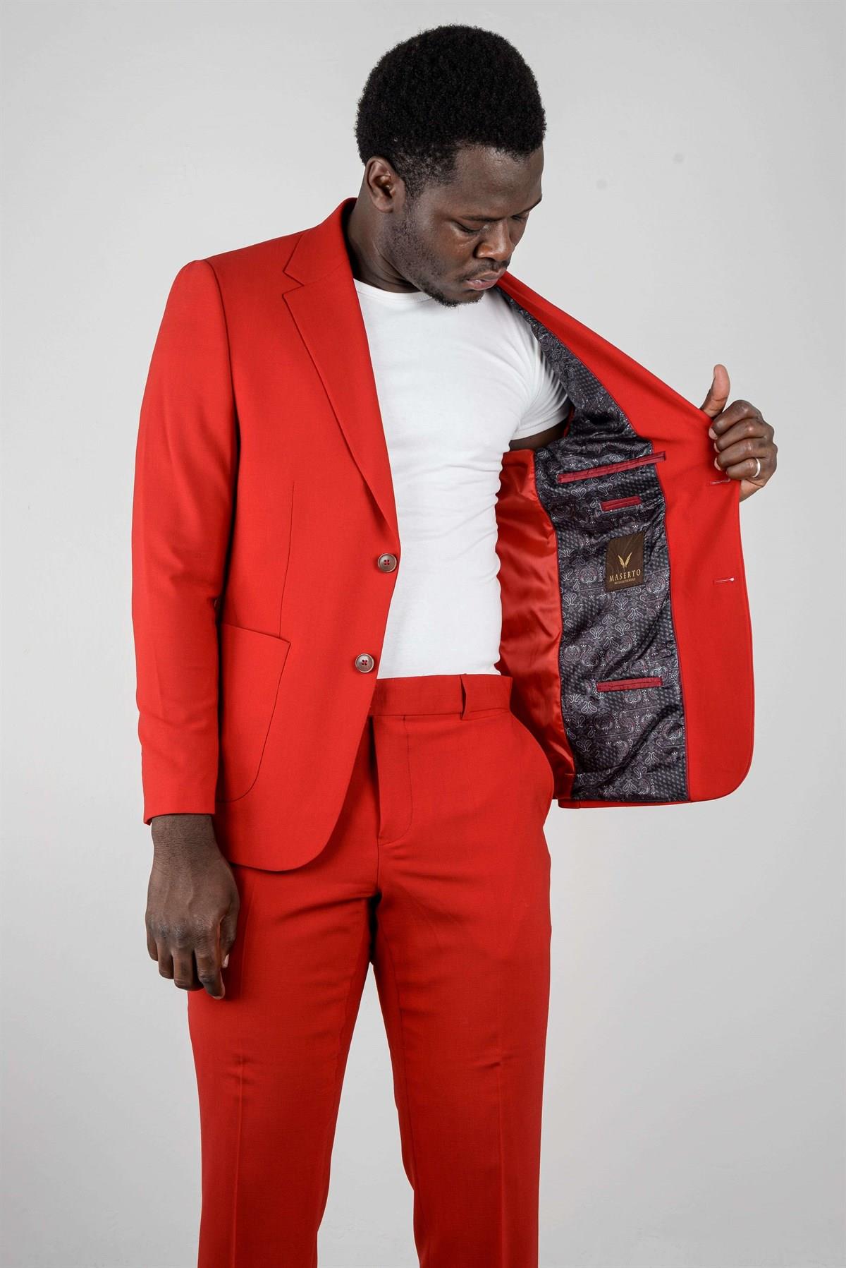 Maserto Slim Fit Kırmızı Takım Elbise Düz Desenli
