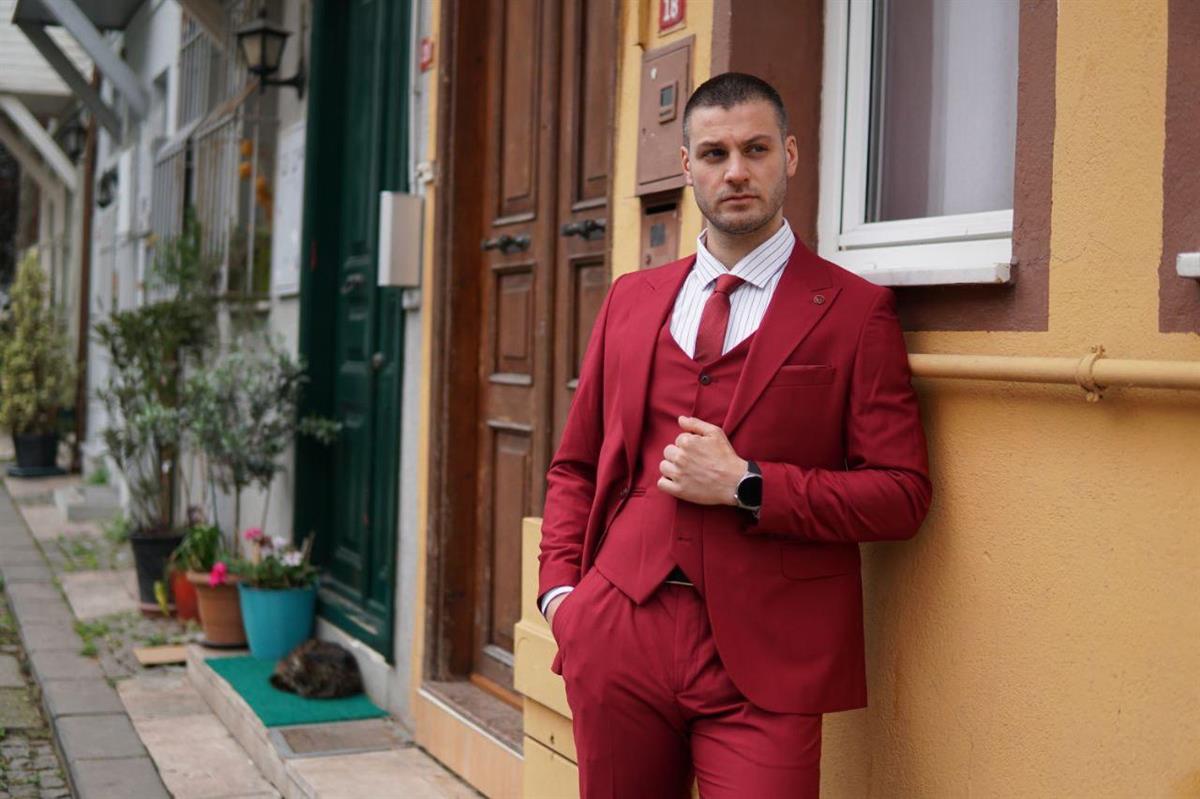 Maserto Slim Fit Kırmızı Takım Elbise Düz Desenli