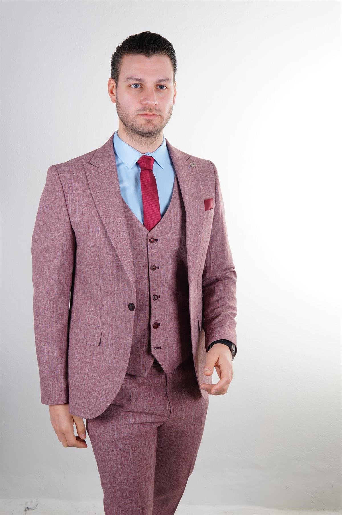 Maserto Slim Fit Kırmızı Takım Elbise Kendinden Desenli