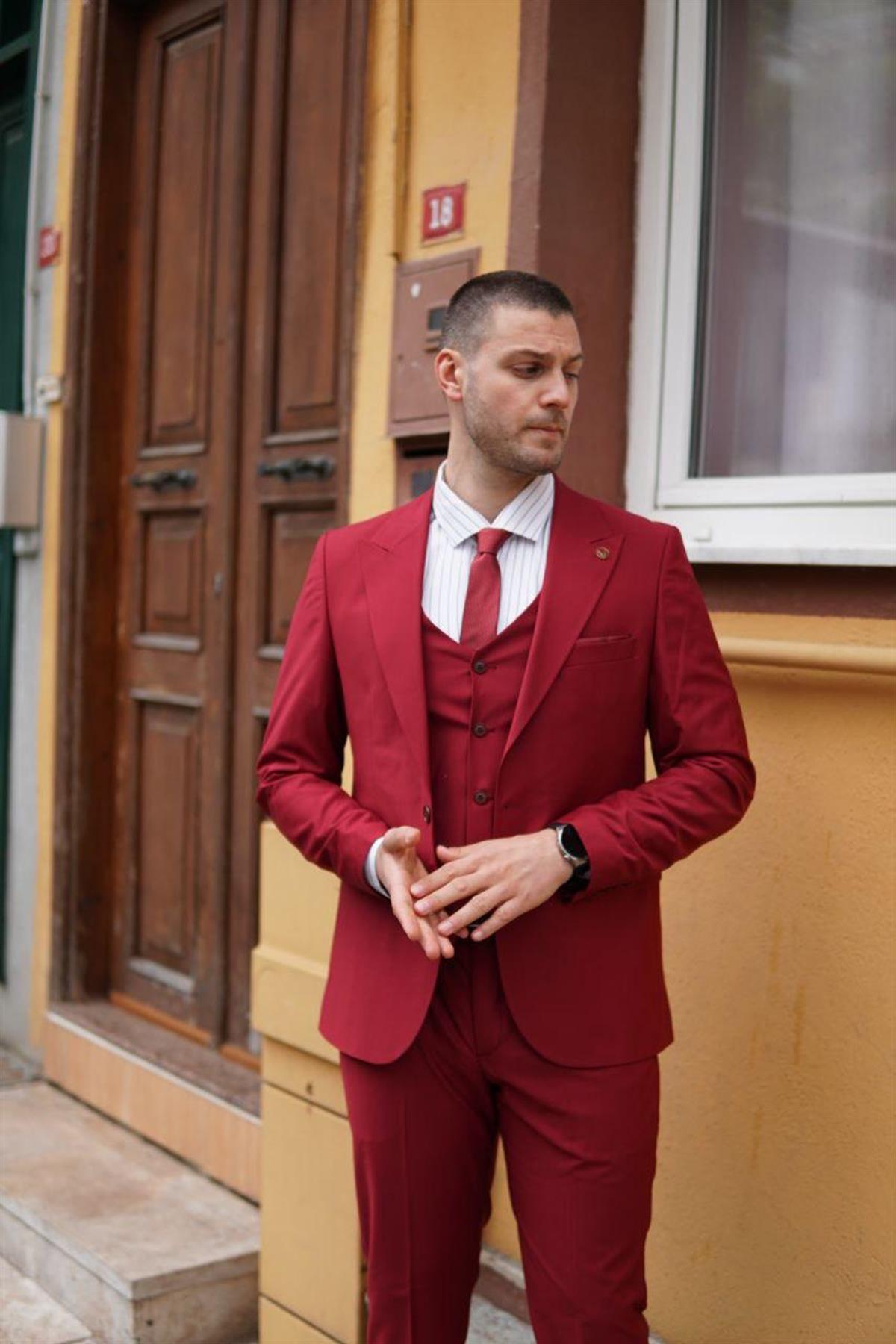 Maserto Slim Fit Kırmızı Takım Elbise Düz Desenli