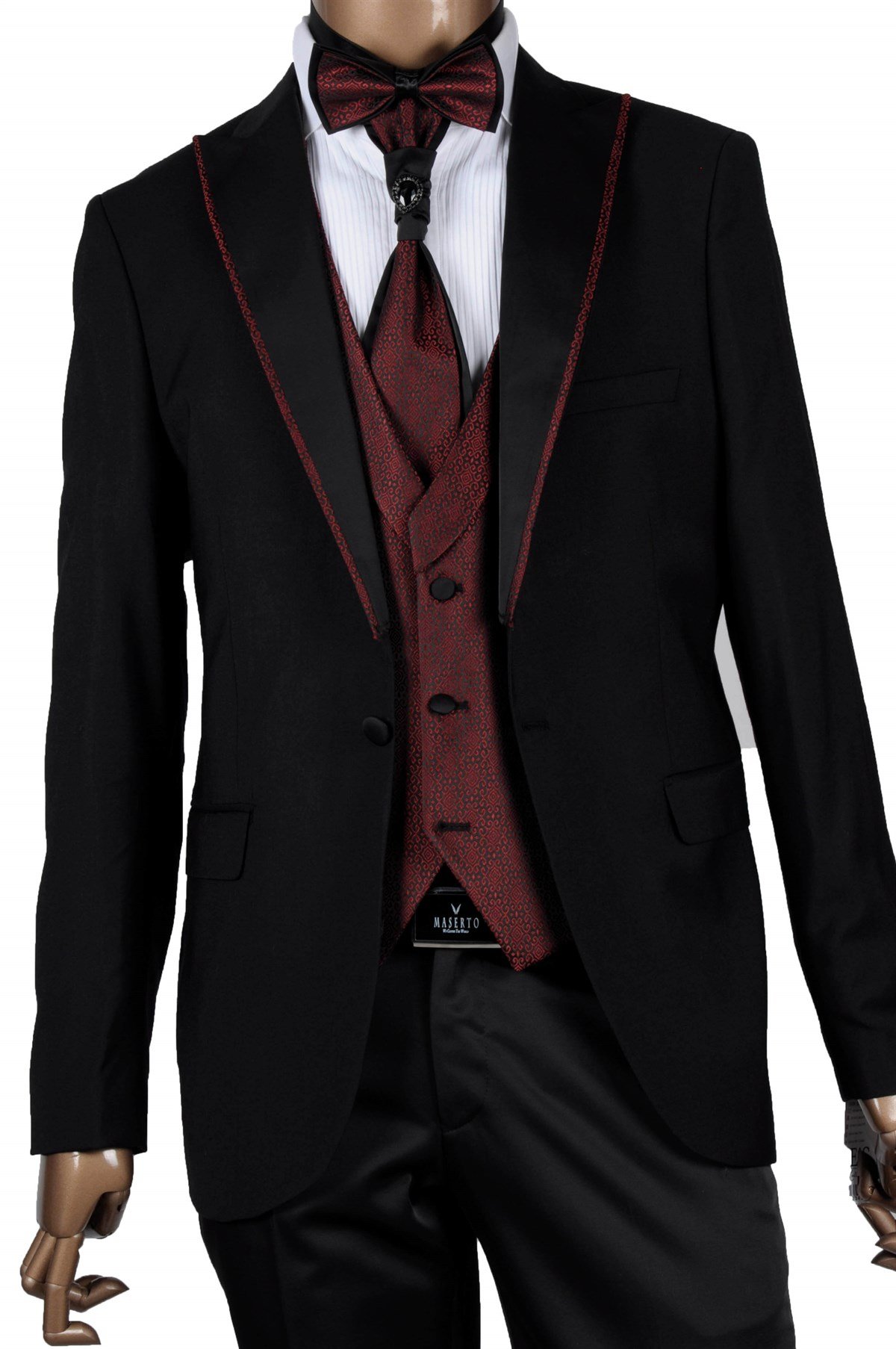 Maserto Slim Fit Kırmızı Yelekli Özel Siyah Damatlık Desenli
