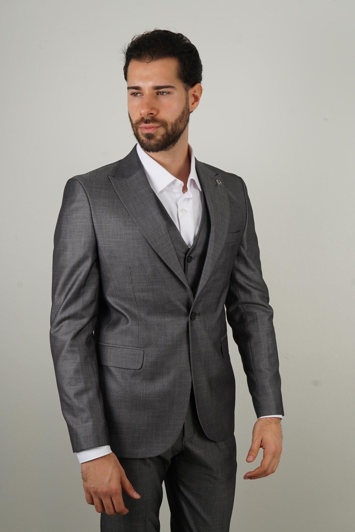 Maserto Slim Fit Koyu Gri Takım Elbise Kendinden Desenli