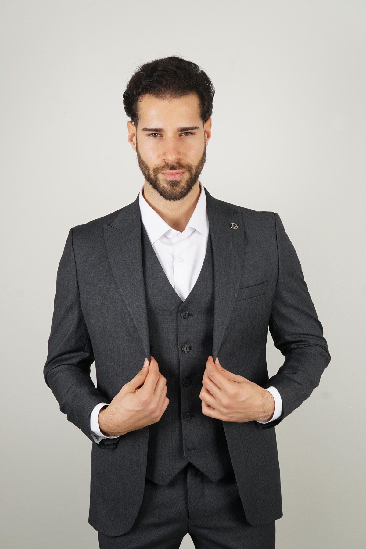 Maserto Slim Fit Koyu Gri Takım Elbise Kendinden Desenli