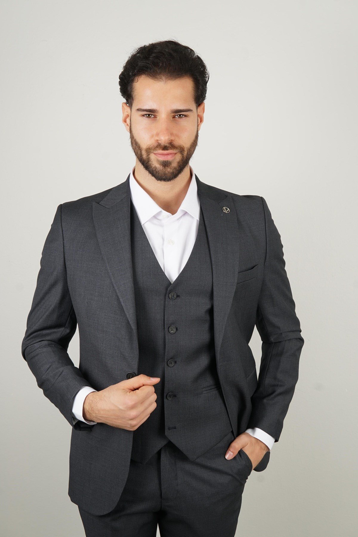 Maserto Slim Fit Koyu Gri Takım Elbise Kendinden Desenli