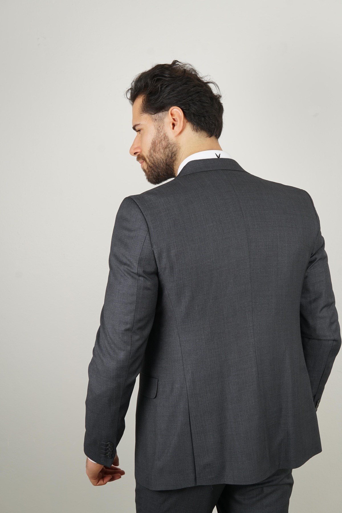 Maserto Slim Fit Koyu Gri Takım Elbise Kendinden Desenli