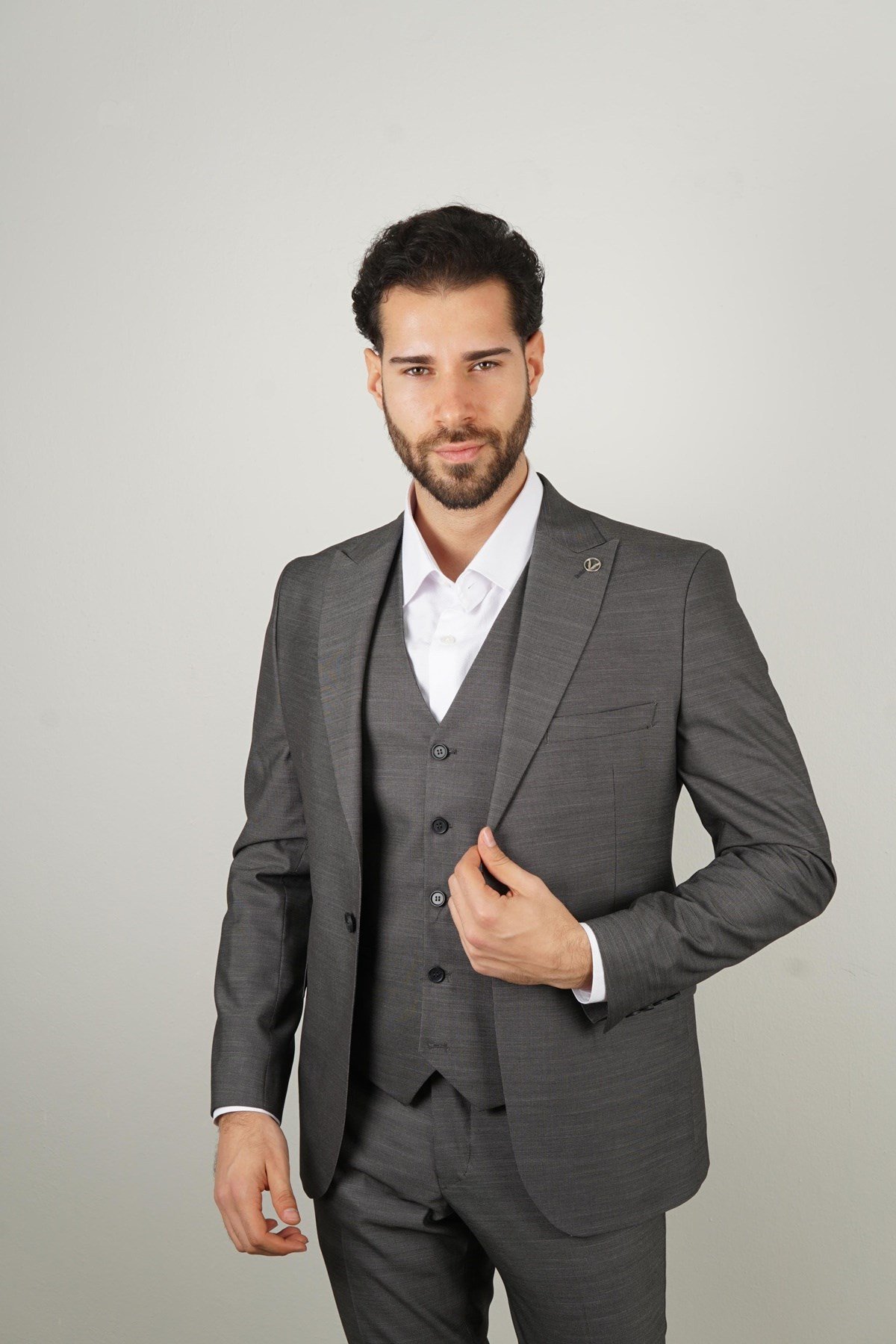 Maserto Slim Fit Koyu Gri Takım Elbise Kendinden Desenli