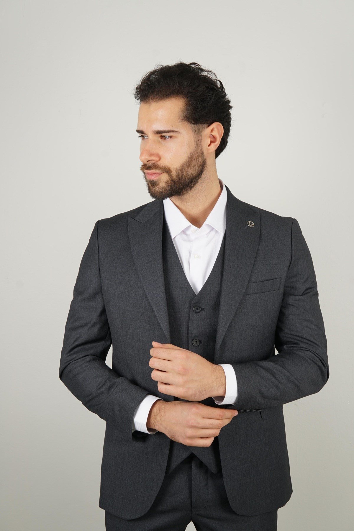 Maserto Slim Fit Koyu Gri Takım Elbise Kendinden Desenli