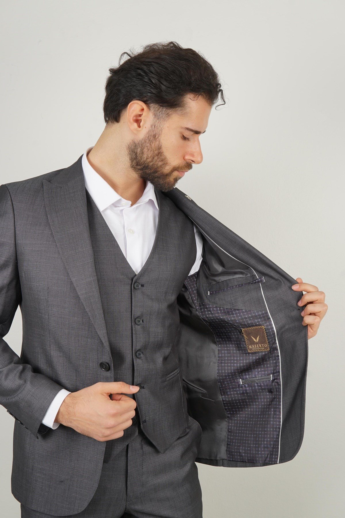 Maserto Slim Fit Koyu Gri Takım Elbise Kendinden Desenli