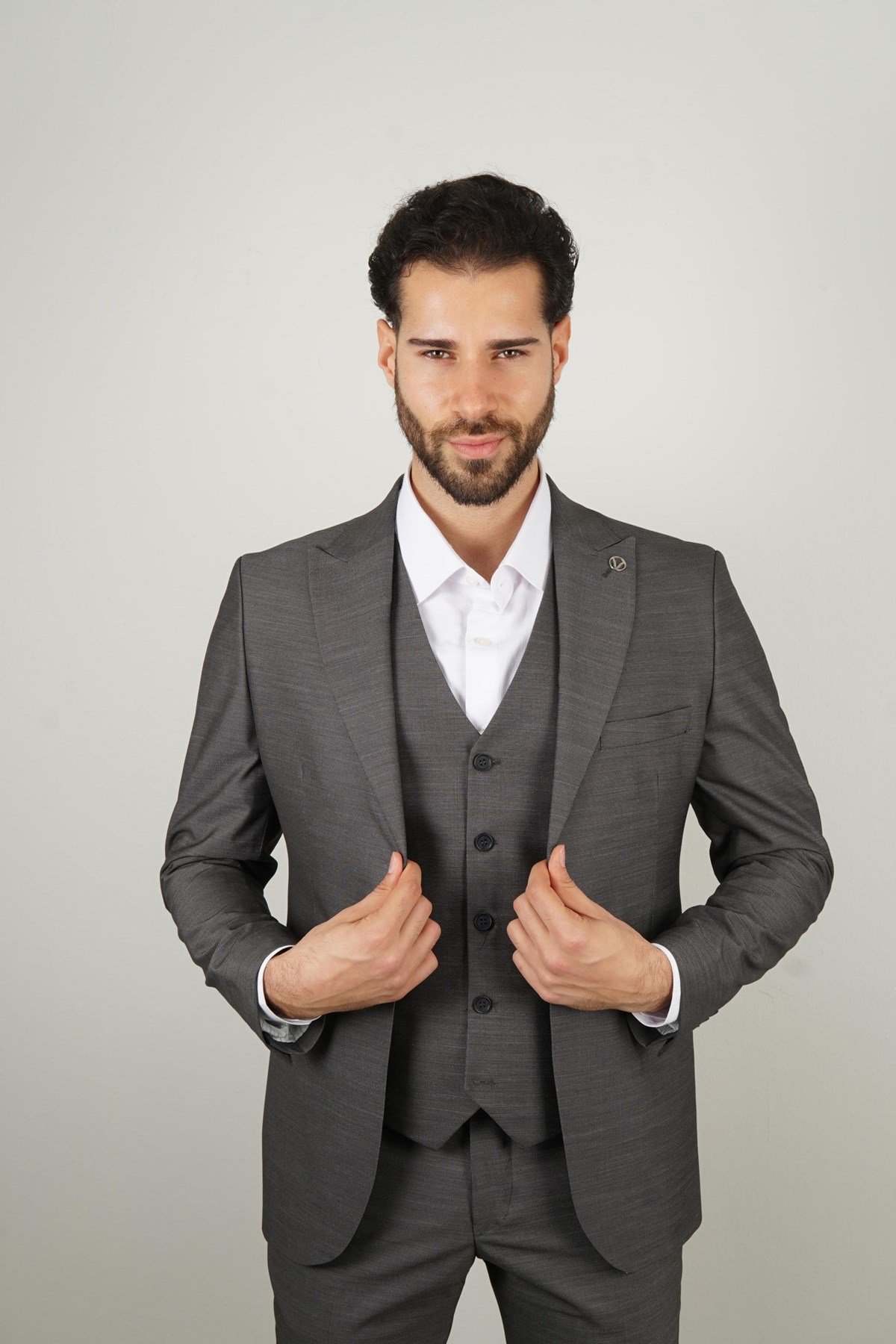 Maserto Slim Fit Koyu Gri Takım Elbise Kendinden Desenli