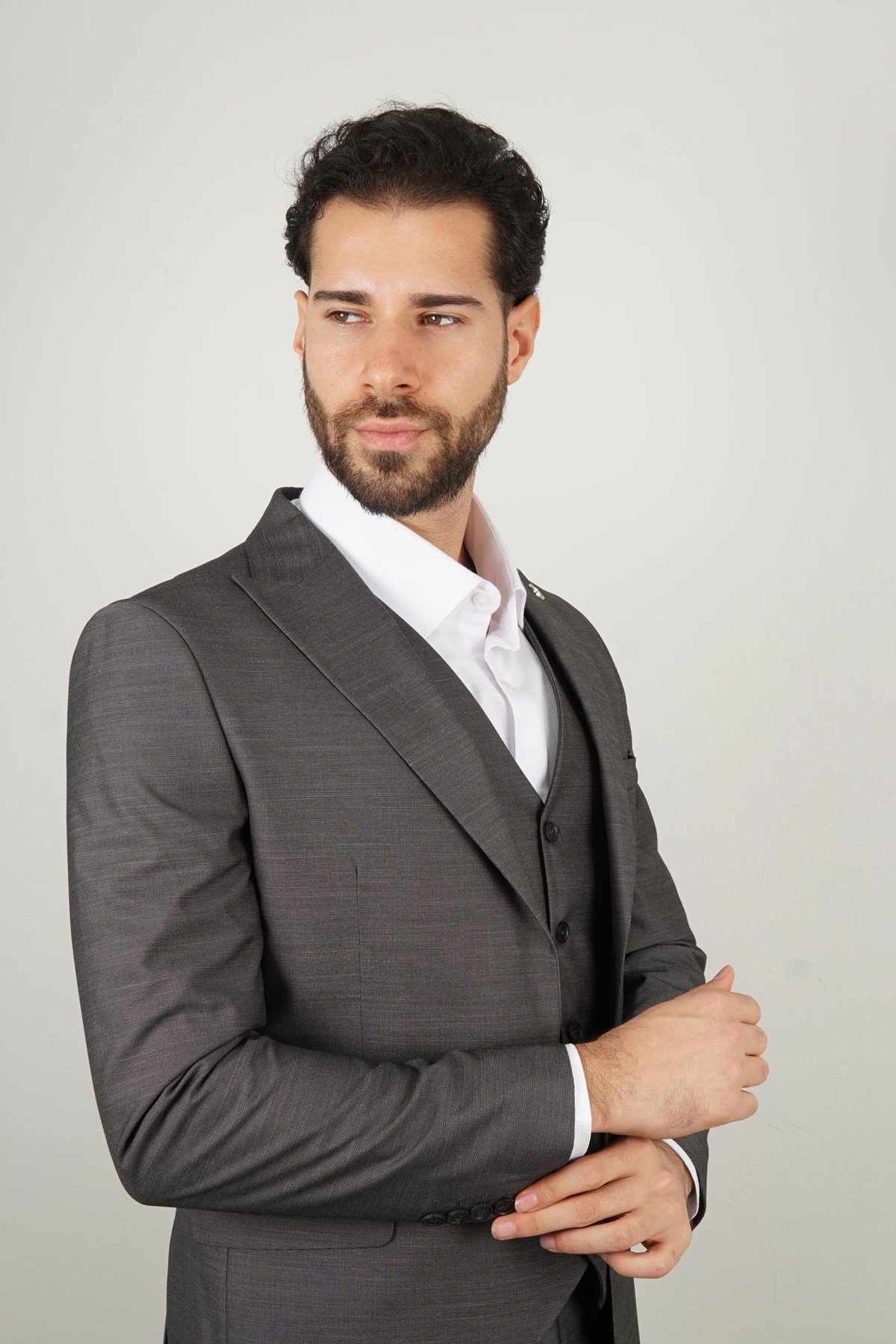 Maserto Slim Fit Koyu Gri Takım Elbise Kendinden Desenli