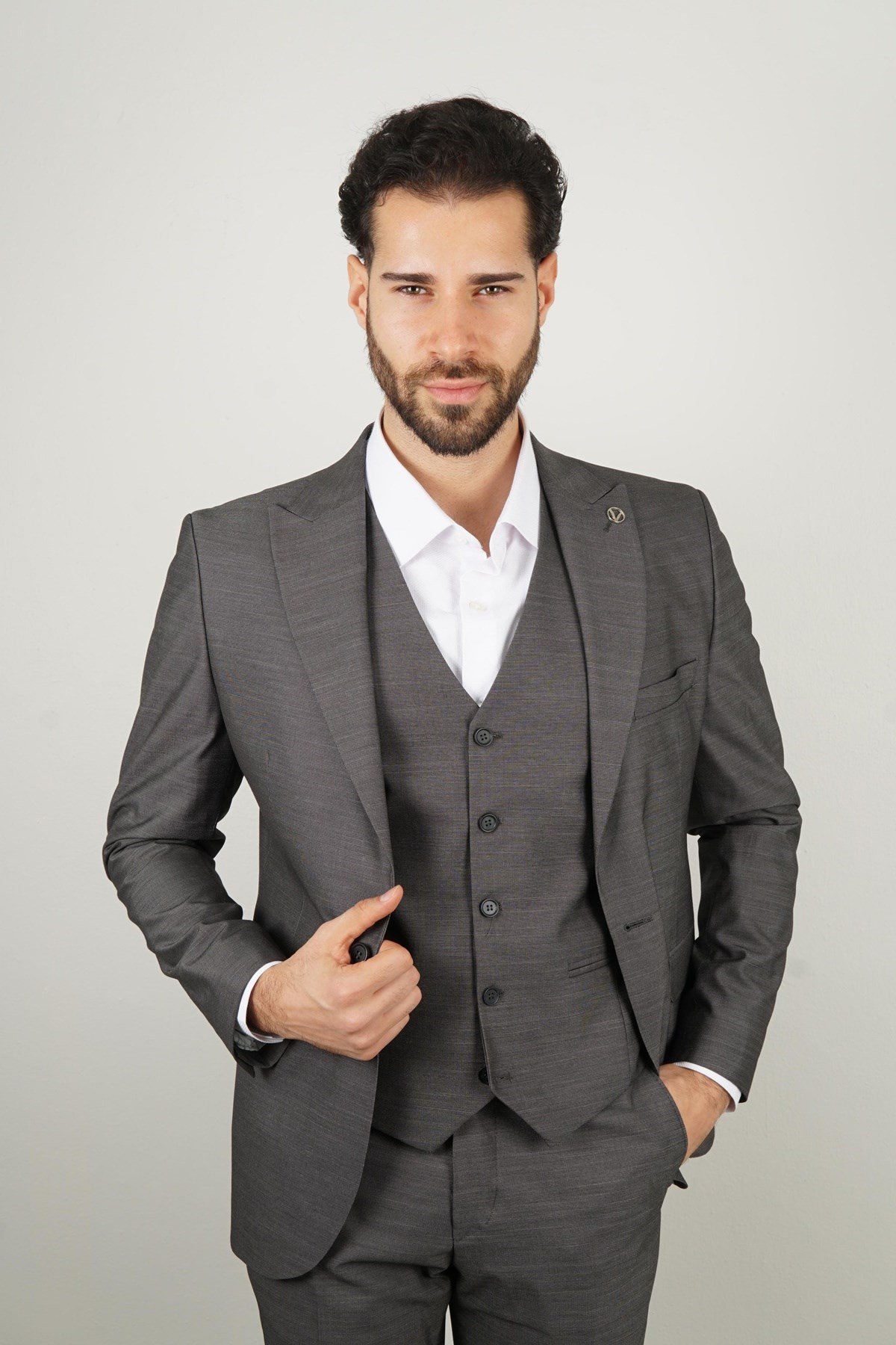 Maserto Slim Fit Koyu Gri Takım Elbise Kendinden Desenli