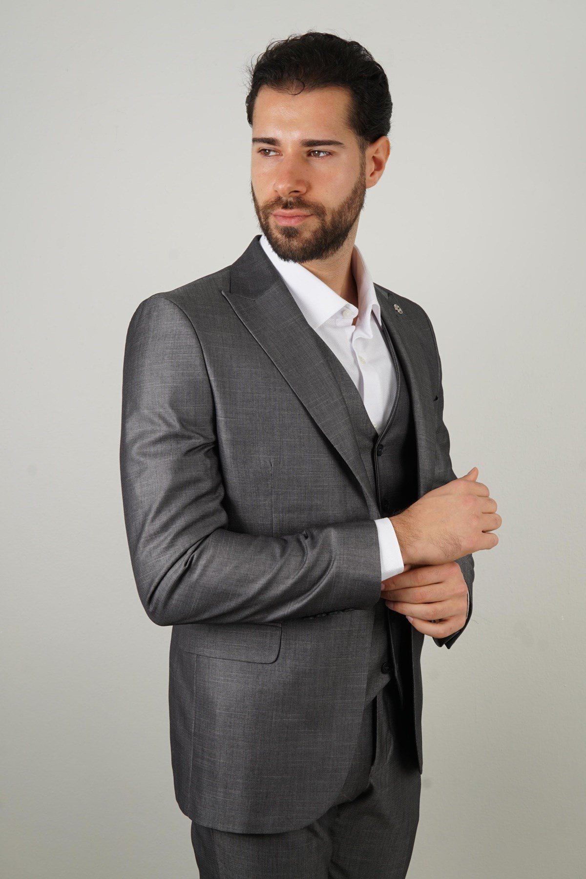 Maserto Slim Fit Koyu Gri Takım Elbise Kendinden Desenli