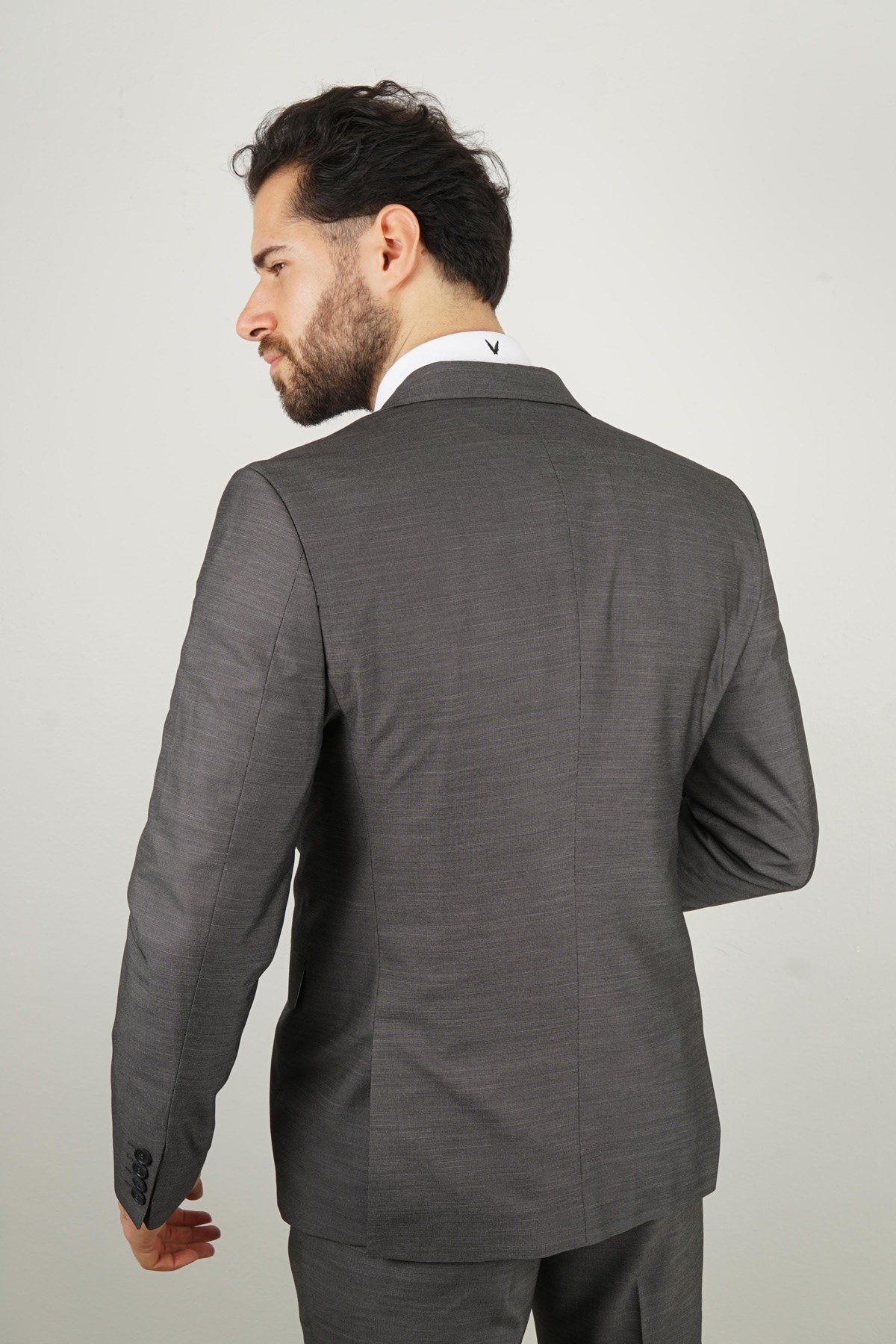 Maserto Slim Fit Koyu Gri Takım Elbise Kendinden Desenli