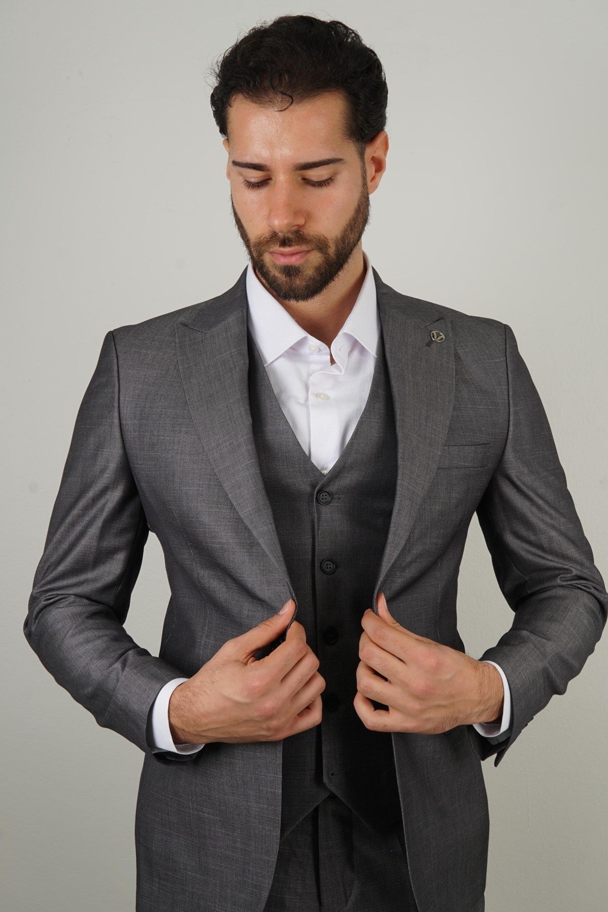 Maserto Slim Fit Koyu Gri Takım Elbise Kendinden Desenli