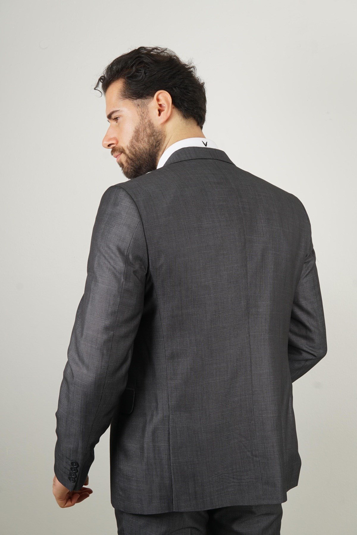 Maserto Slim Fit Koyu Gri Takım Elbise Kendinden Desenli