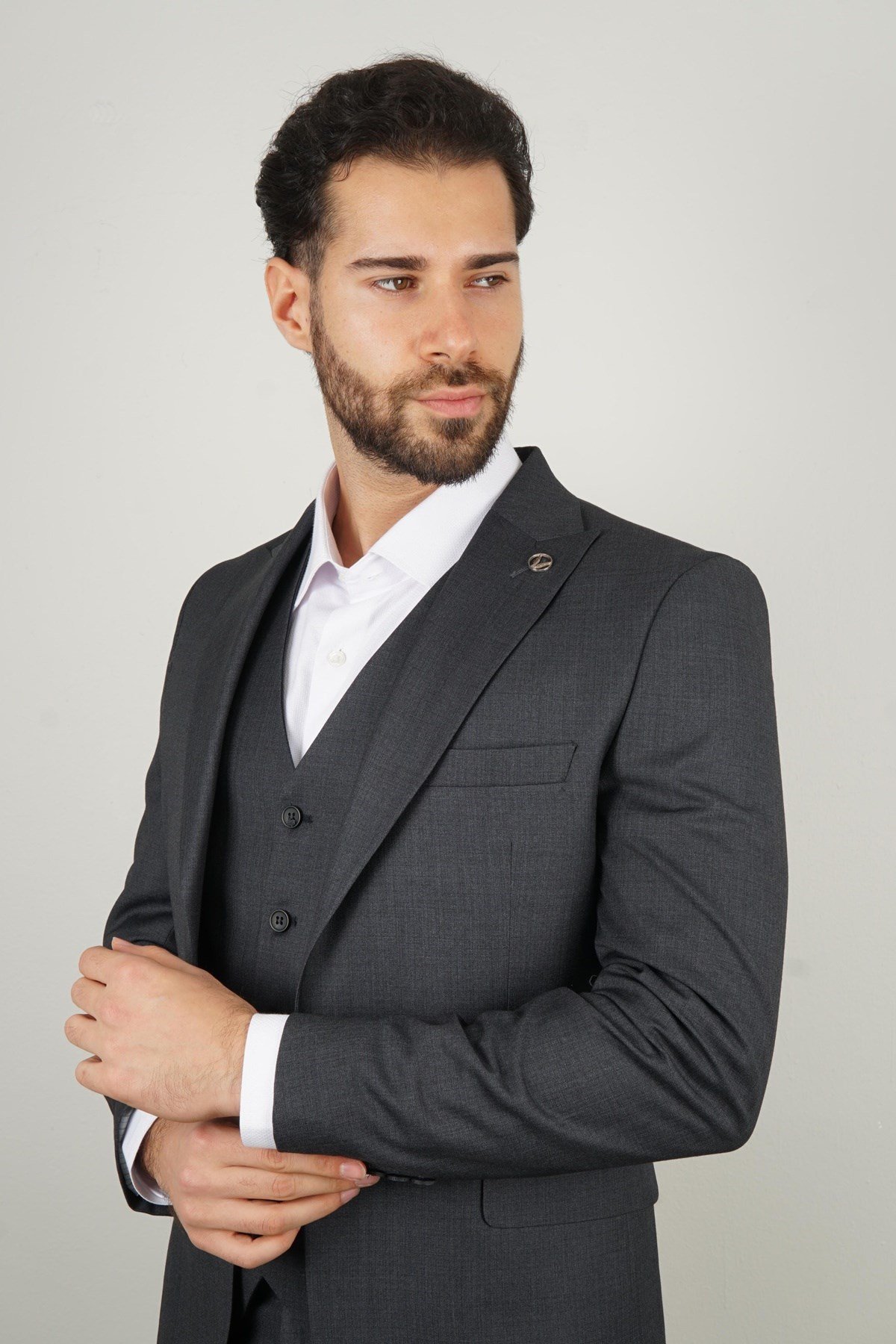 Maserto Slim Fit Koyu Gri Takım Elbise Kendinden Desenli