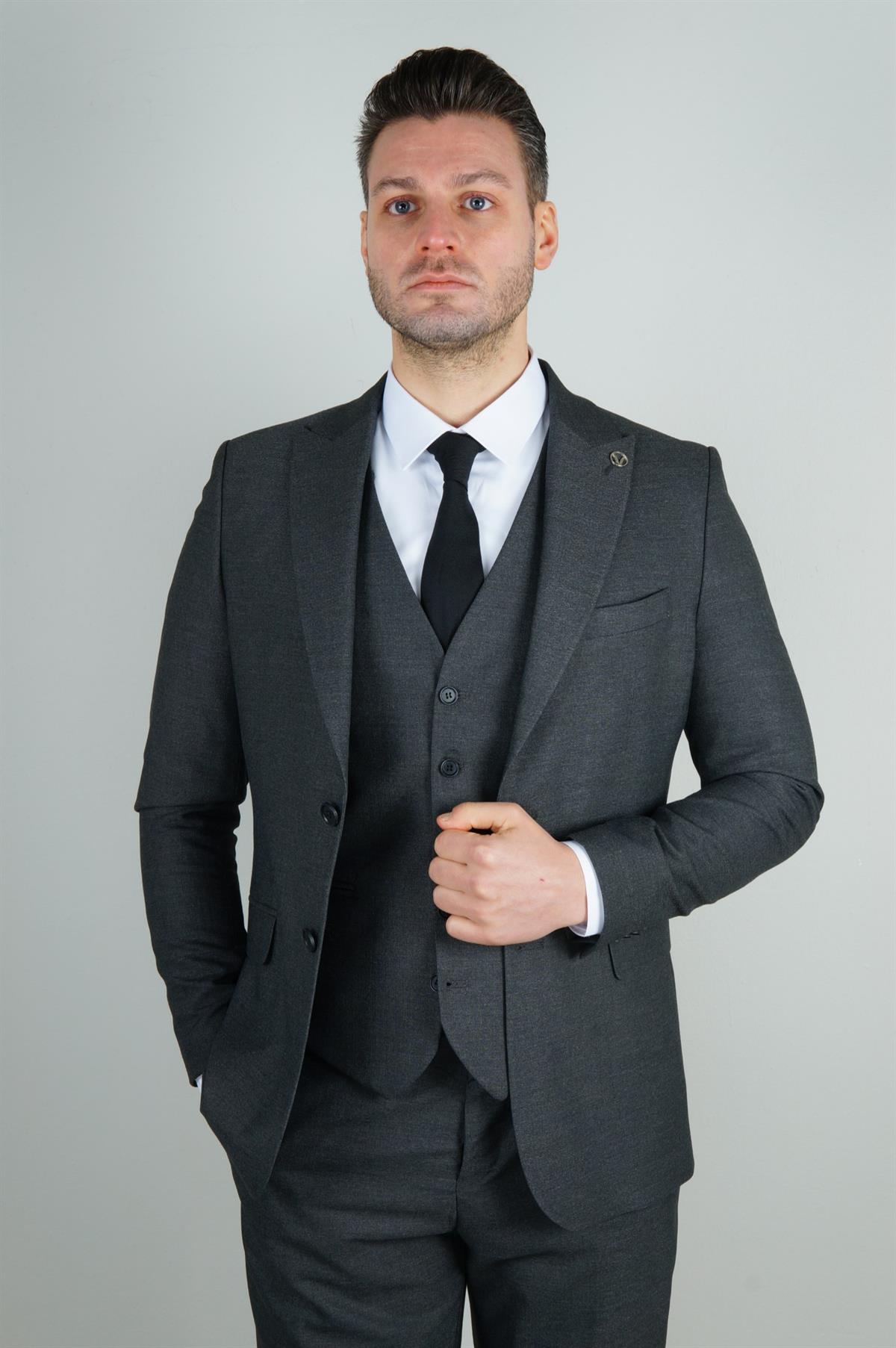 Maserto Slim Fit Koyu Gri Yelekli Takım Elbise Düz Desenli