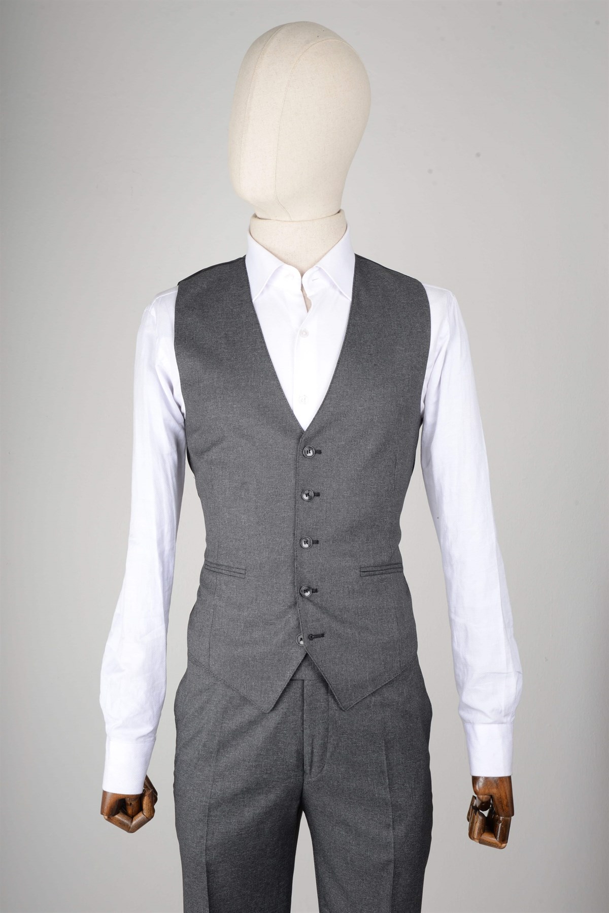 Maserto Slim Fit Koyu Gri Yelekli Takım Elbise Kendinden Desenli