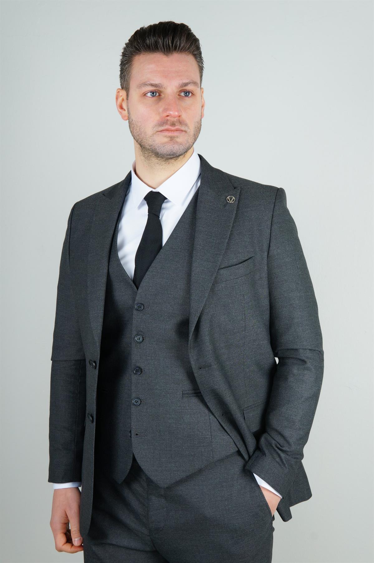 Maserto Slim Fit Koyu Gri Yelekli Takım Elbise Düz Desenli