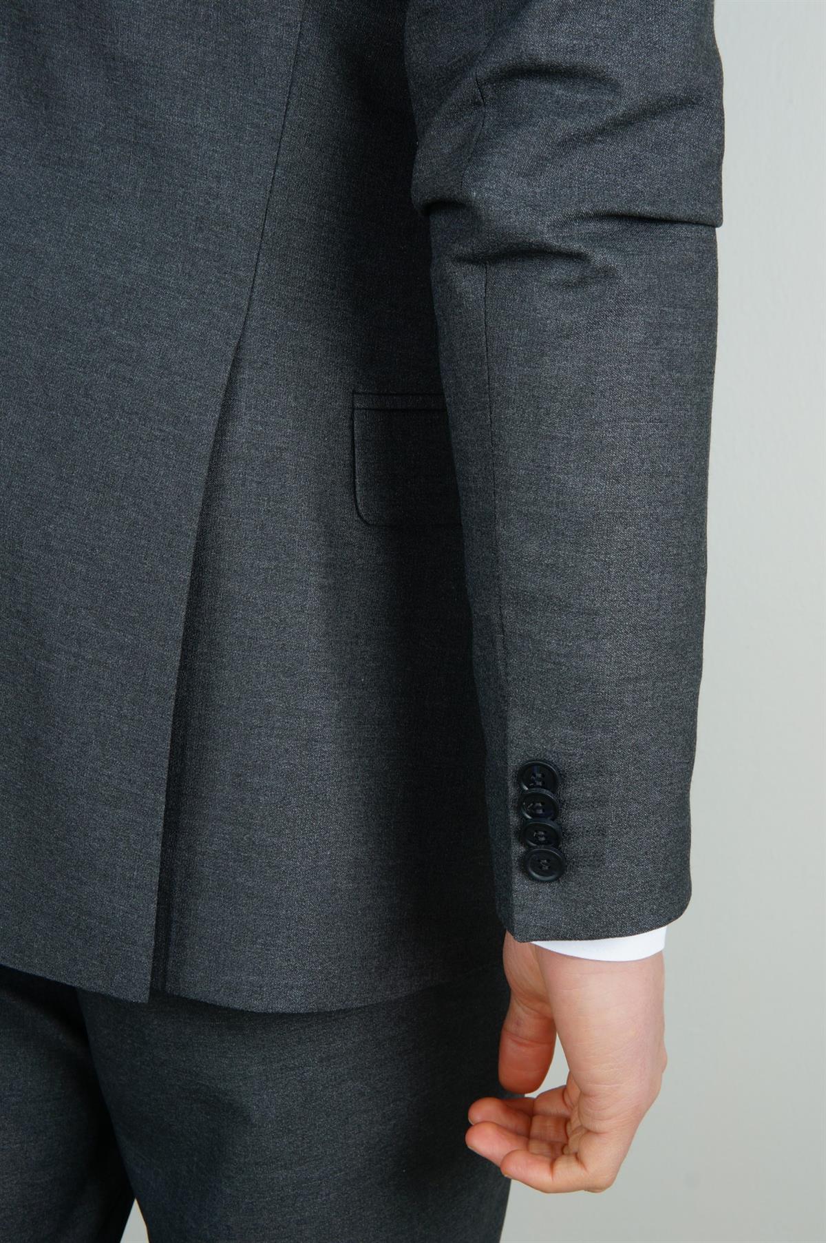 Maserto Slim Fit Koyu Gri Yelekli Takım Elbise Düz Desenli